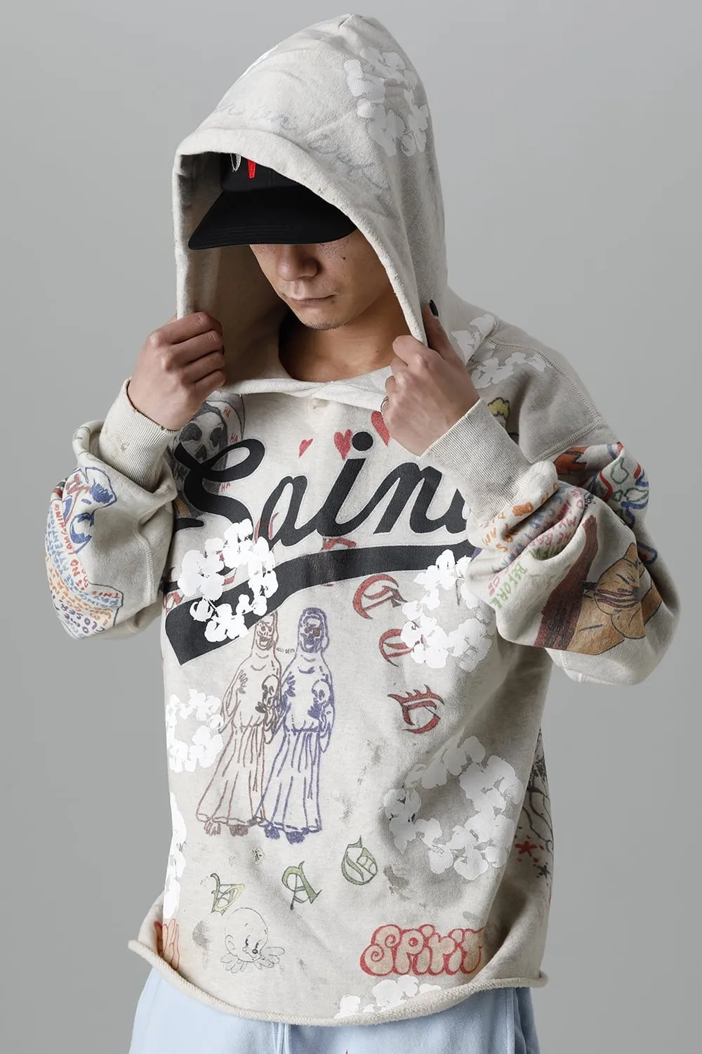 DENIM TEARS × ©SAINT M×××××× "SAINT TEARS" Graffiti Hoodie Joint Model Cotton Graffiti Hoodie Fully Printed Washed Distressed Holes Vintage Sweatshirt Gray S-XL Super Heavy Duty! The whole piece is printed with 35 screens and counterpoint printing!